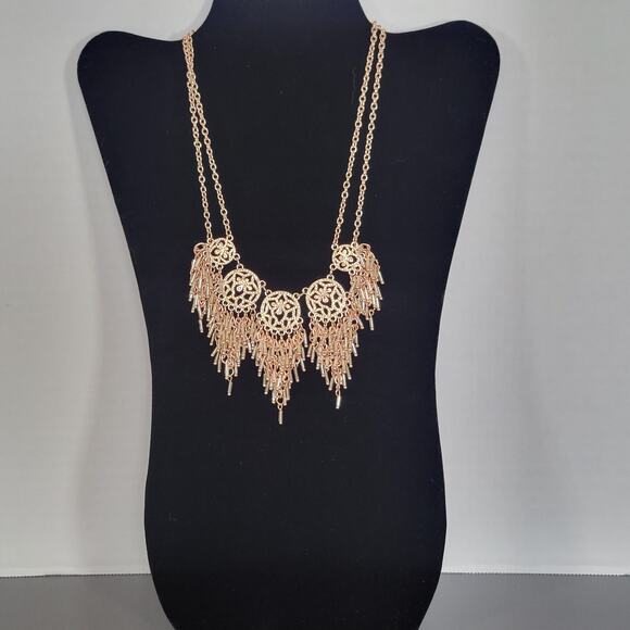 Rose Gold Tone Statement Necklace Filigree Beaded Fringe 16" +3" Extender - Picture 13 of 15
